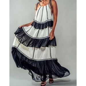 Black and White Ruffled Tiered Halter Maxi Dress